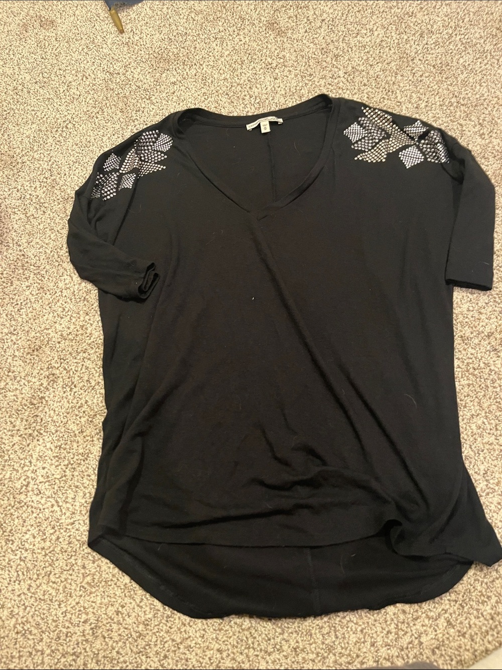 Express Black V-Neck Short Sleeve Top with Shoulder Stud Detail